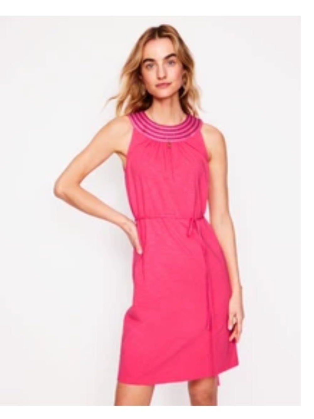 Boden Sleeveless, Embroidered Neck, Tie-Waist Dress - Hot Pink